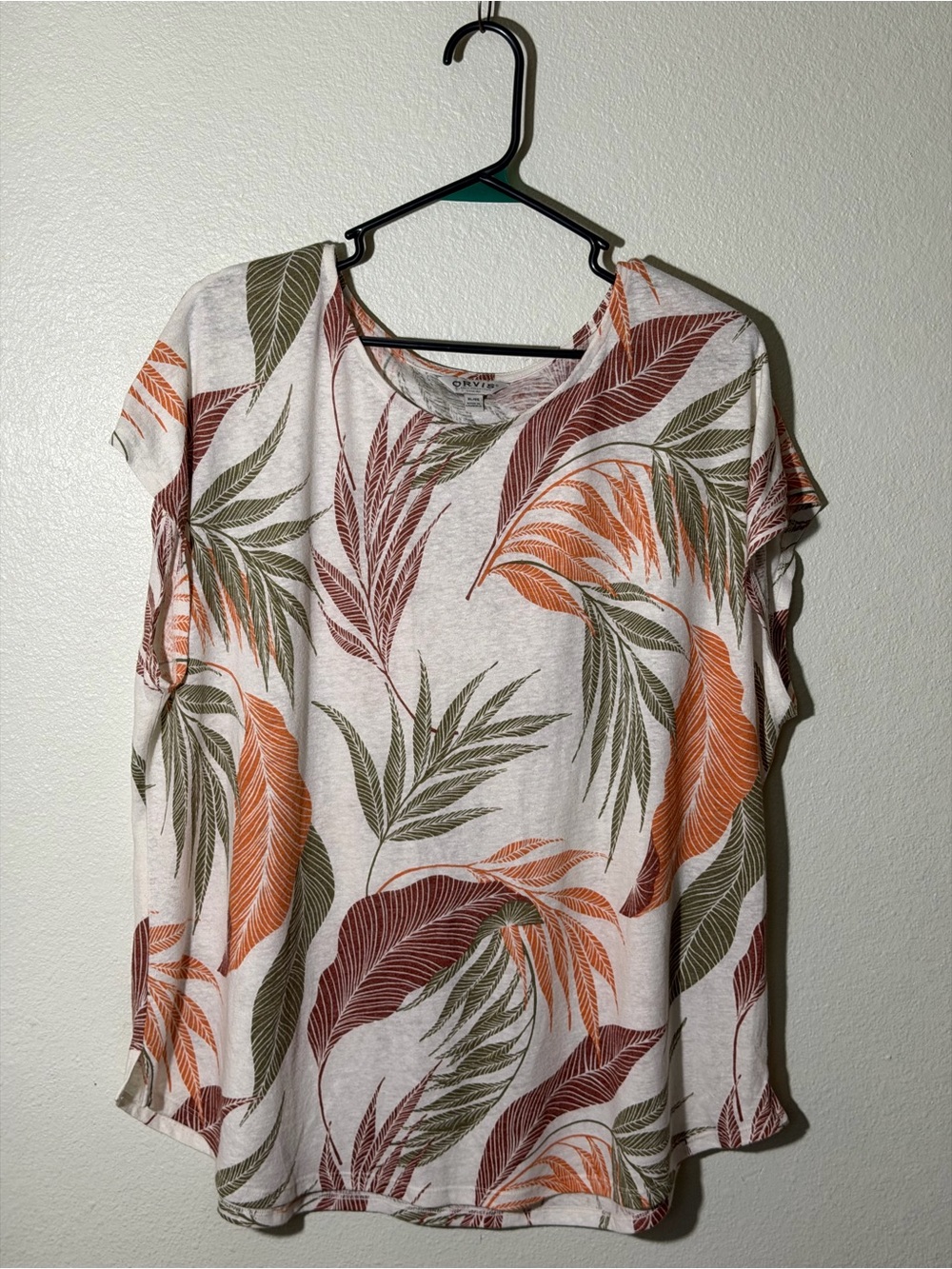 Orvis Linen Blend Womens Top XL Palm Leaf Tropical Shirt Scoop Neck Short Sleeve